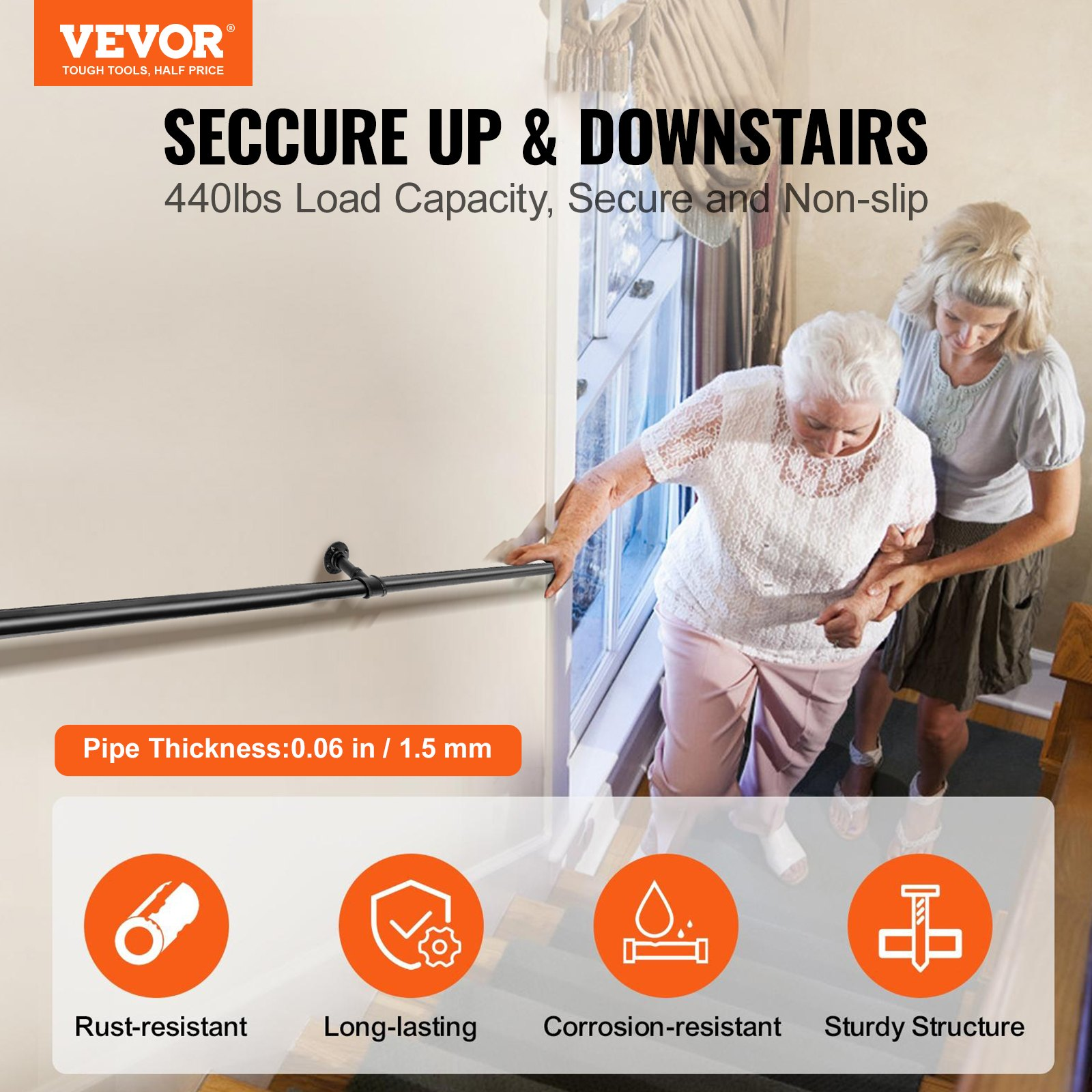 Start2Finish VEVOR 6FT steel staircase handrail with wall mounts, round corners and industrial design for indoor or outdoor use