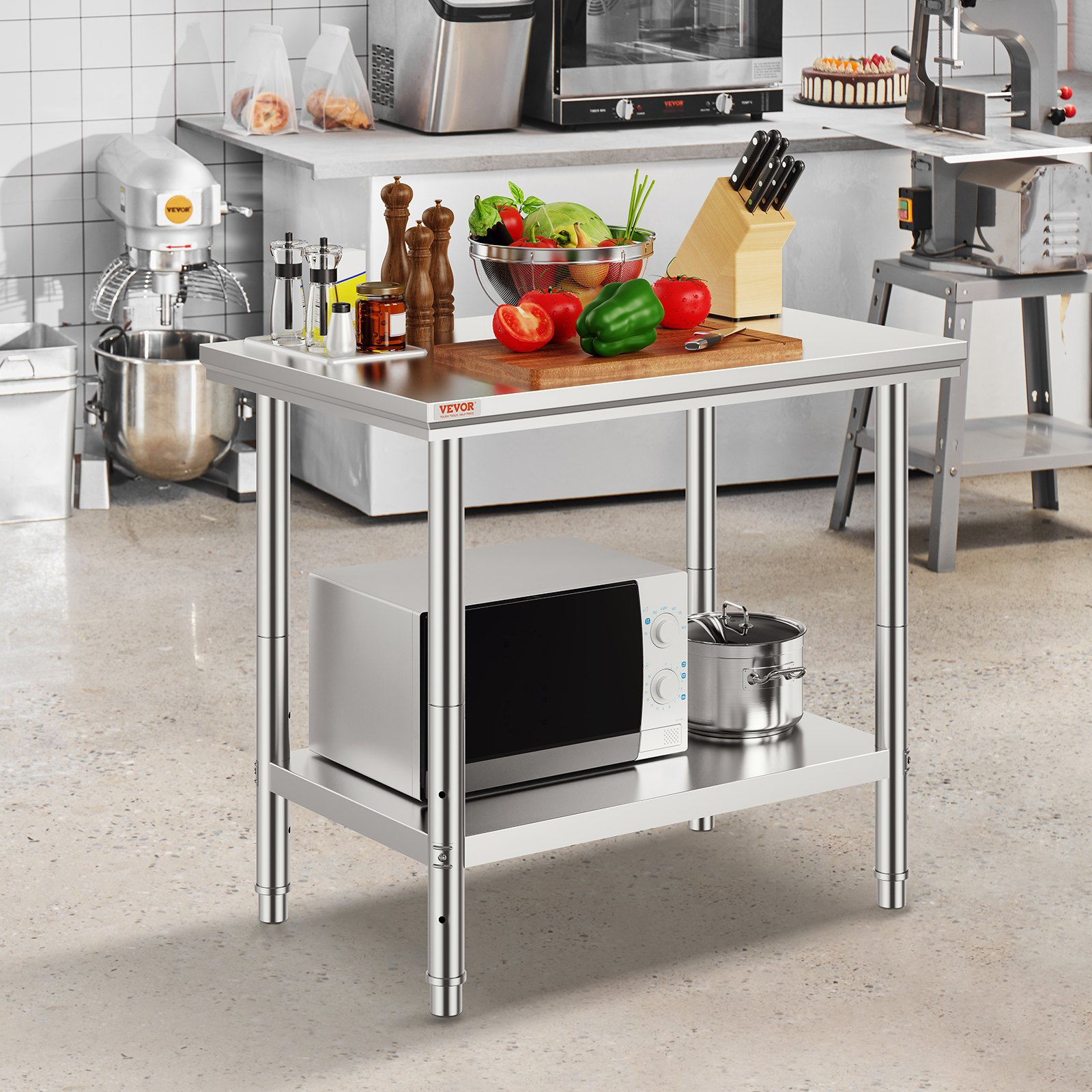 Start2Finish stainless steel prep table with adjustable height levels, heavy-duty work surface for commercial kitchens, garages, or patios.