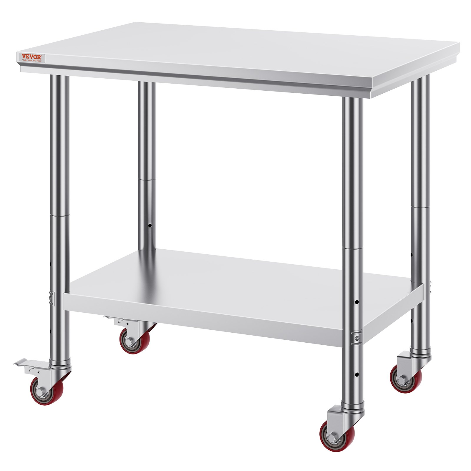 Stainless steel work table with 4 wheels, adjustable height levels, and a 300-lb capacity for commercial kitchens.
