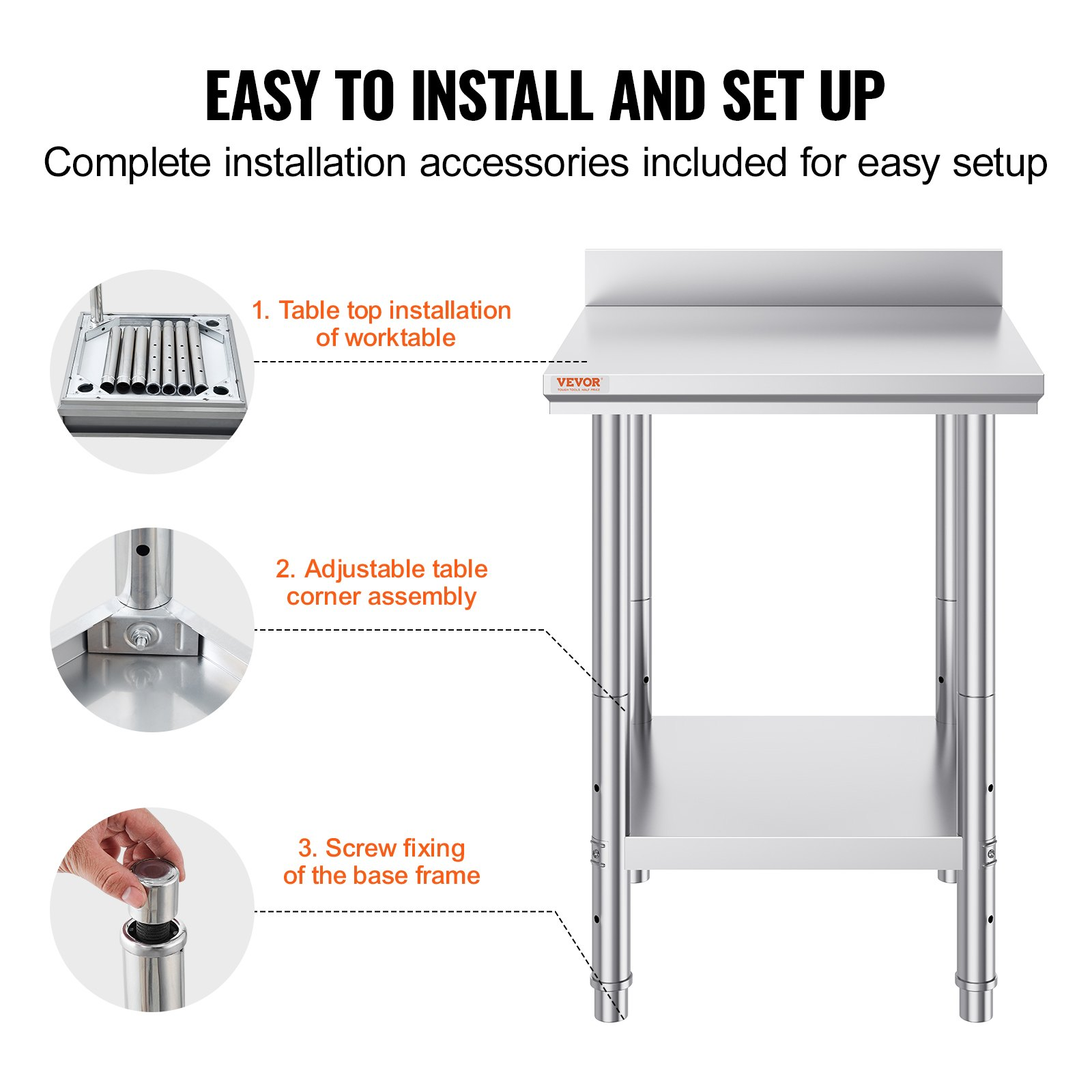 Stainless steel VEVOR work table with adjustable height, 24x24x35 inches, ideal for commercial food prep in restaurant or kitchen settings.