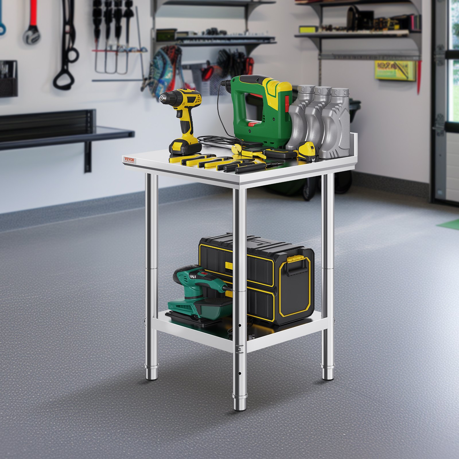 Start2Finish stainless steel work table, 24x24x35 inches, with adjustable height, ideal for commercial food prep in restaurants and hotels.