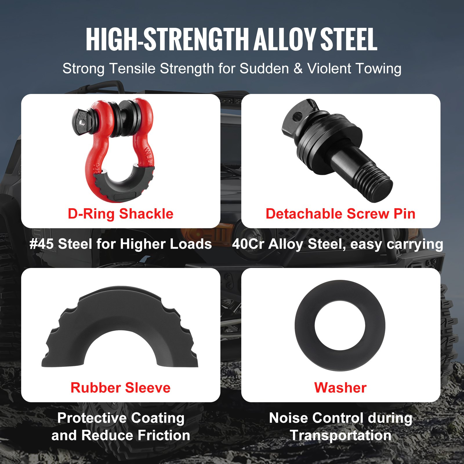 Start2Finish VEVOR 3/4" alloy steel D-ring shackle set with screw pin, heavy-duty off-road recovery shackles for Jeep and trucks.