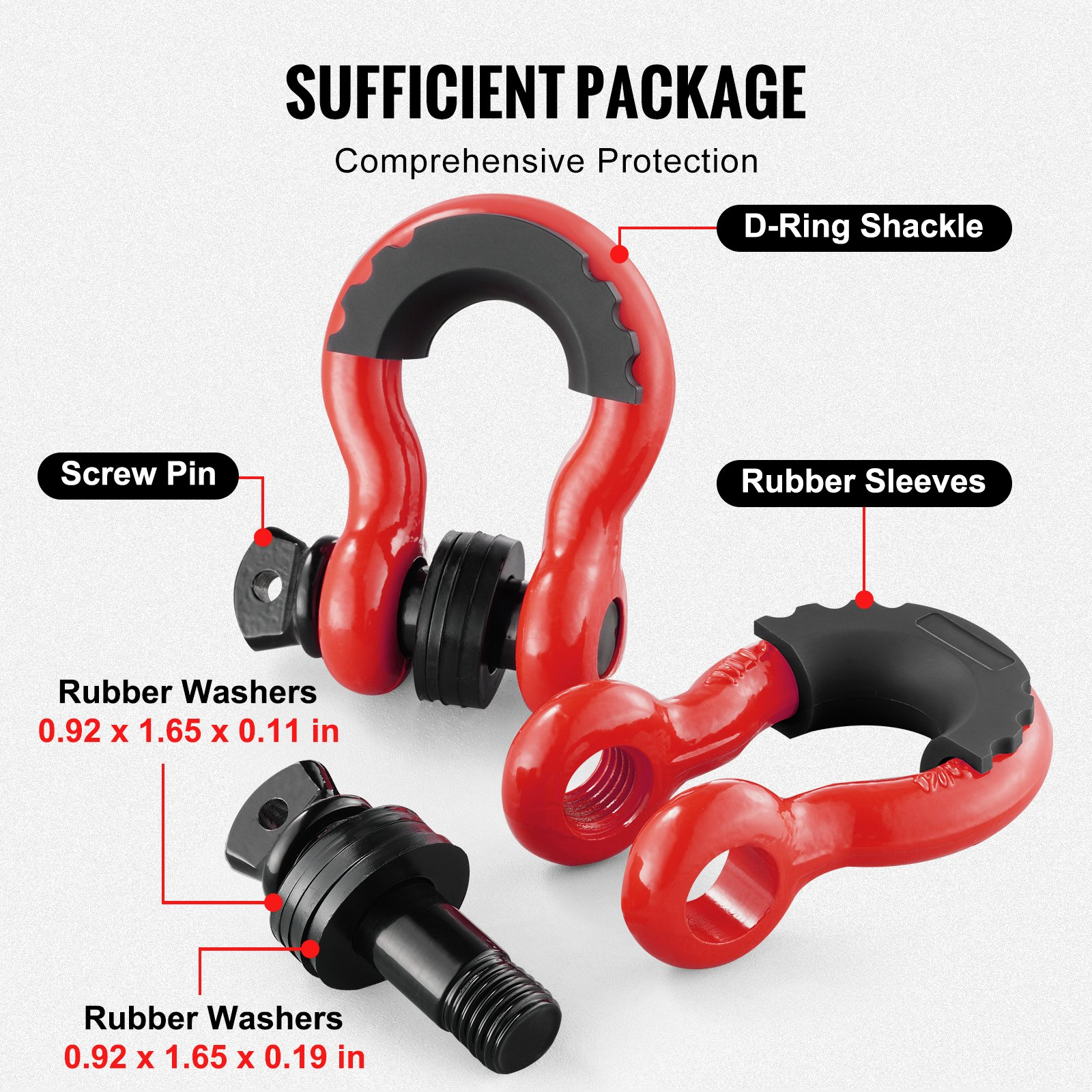 Start2Finish VEVOR 3/4" alloy steel D-ring shackles with screw pin, heavy-duty off-road recovery shackles for Jeep trucks in red.