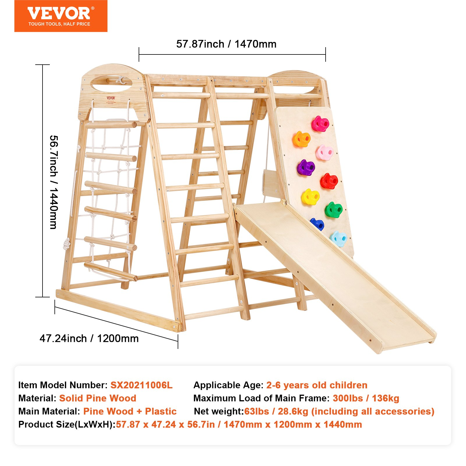 Start2Finish VEVOR Indoor Jungle Gym for toddlers, wooden climbing toys with ladder, swing, slide, monkey bars, and climbing wall.