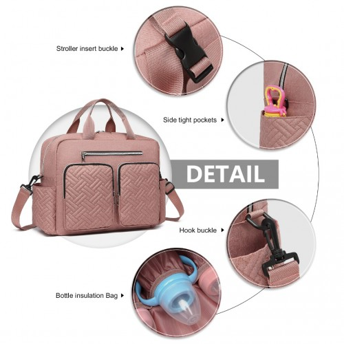 Start2Finish EQ2411 Kono baby diaper changing tote bag with built-in changing mat, waterproof design, and thermal insulation in pink.