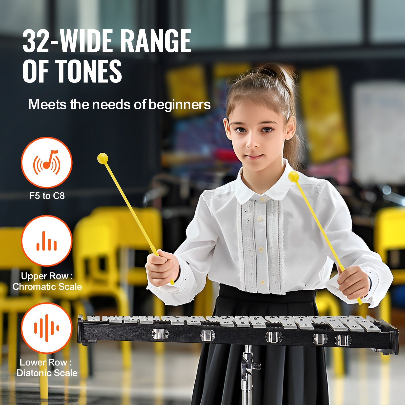 Start2Finish VEVOR 32 Note Glockenspiel Xylophone with mallets, stand, practice pad, carrying bag, and music stand for students and adults.