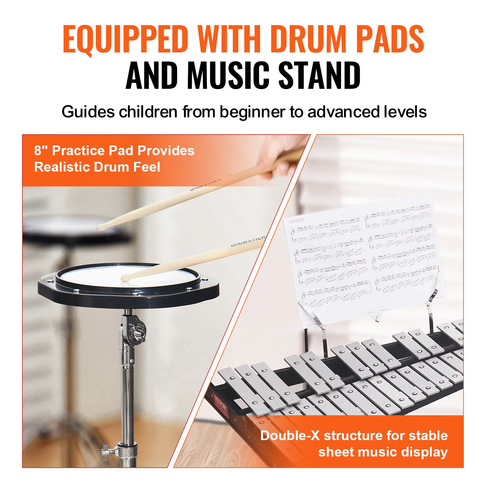 Start2Finish VEVOR 32 Note Glockenspiel xylophone with mallets, stand, practice pad, and carrying bag for students and adults.