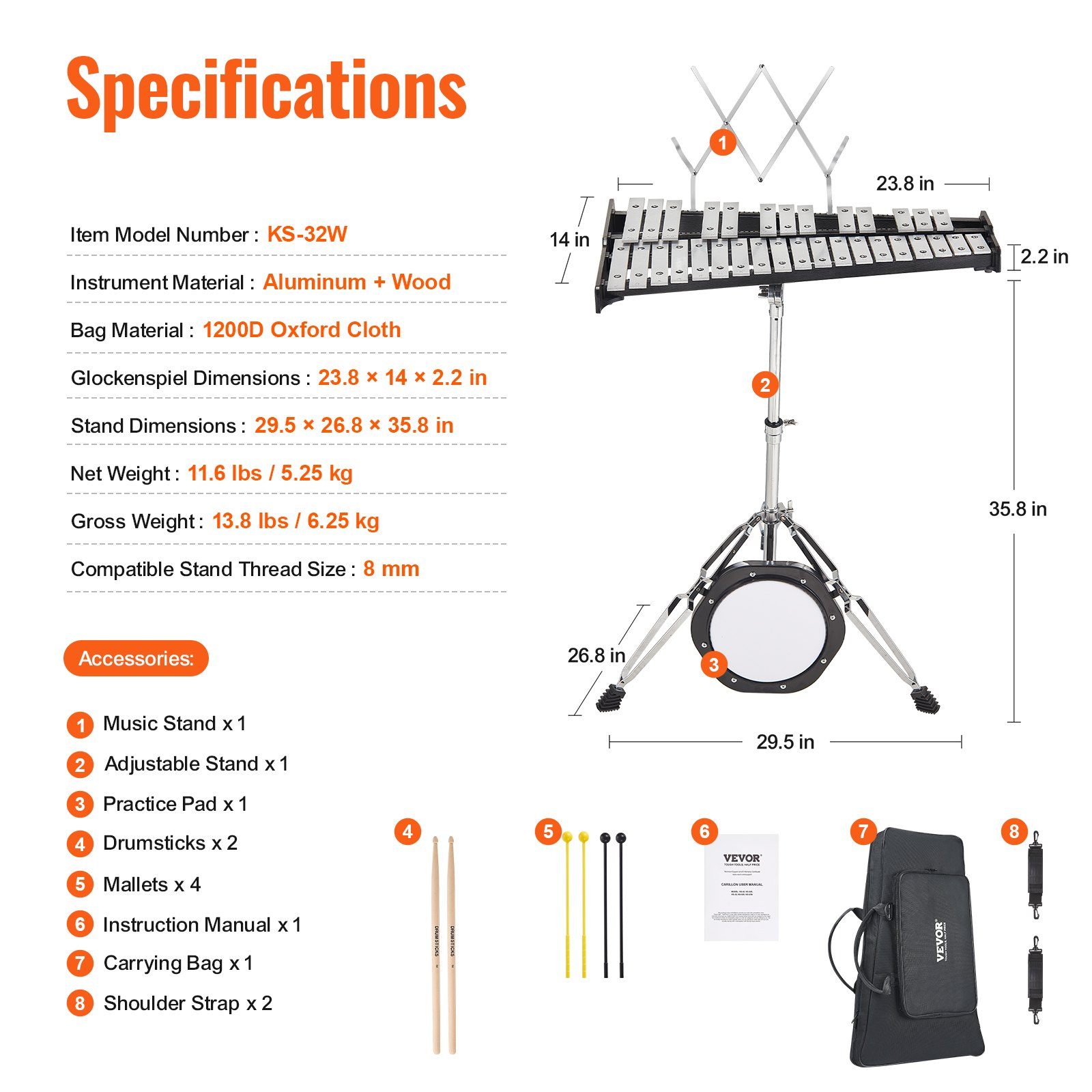 Start2Finish VEVOR 32 Note Glockenspiel Xylophone with mallets, stand, practice pad, and carrying bag for students and adults.