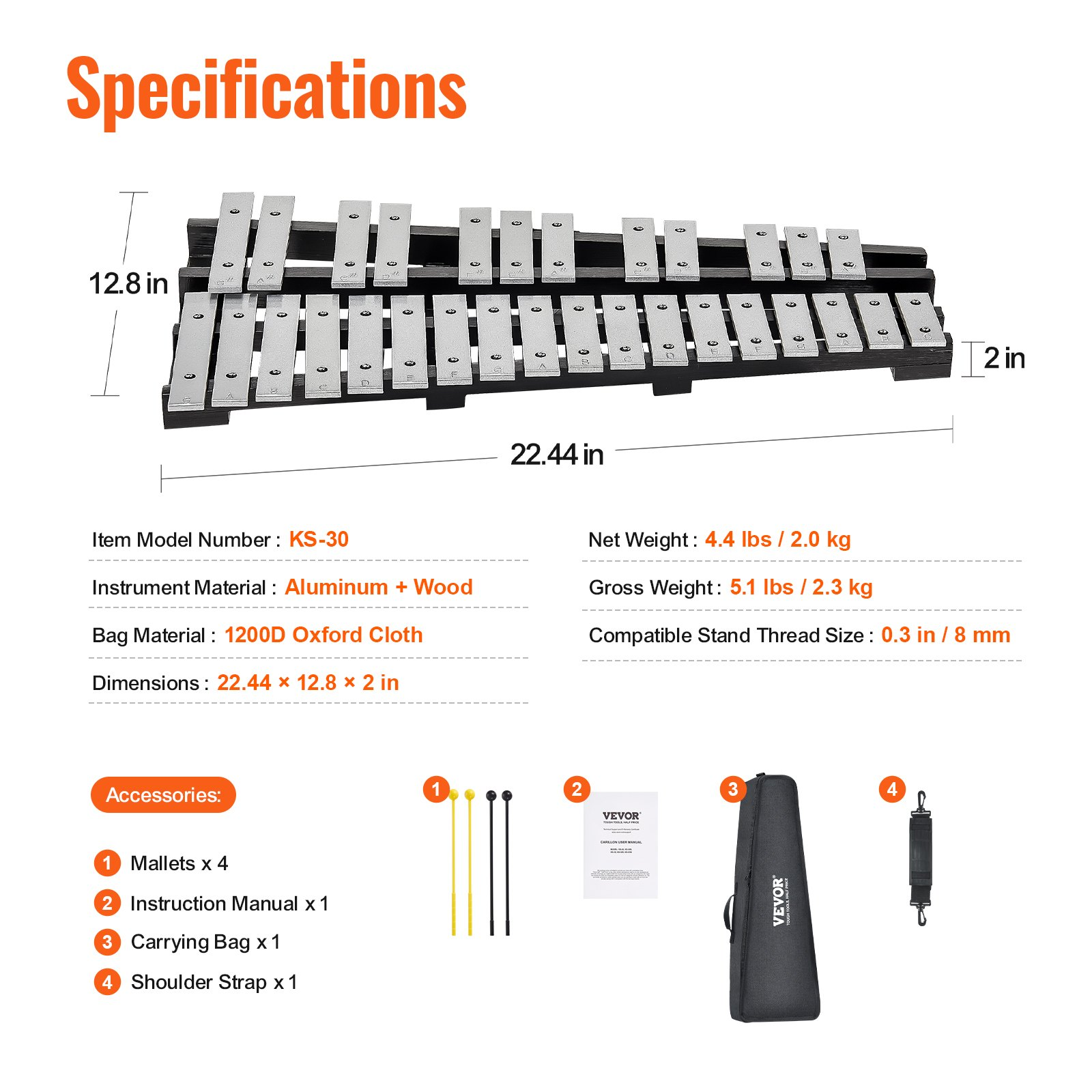 Start2Finish VEVOR 30-note Glockenspiel xylophone with mallets, drum sticks, and carrying bag, ideal for students and adults.
