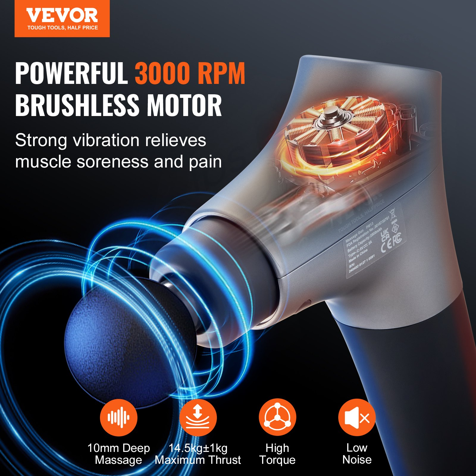 Start2Finish VEVOR massage gun with 6 speed levels, 4 massage heads, handheld design for deep tissue muscle relief and relaxation.