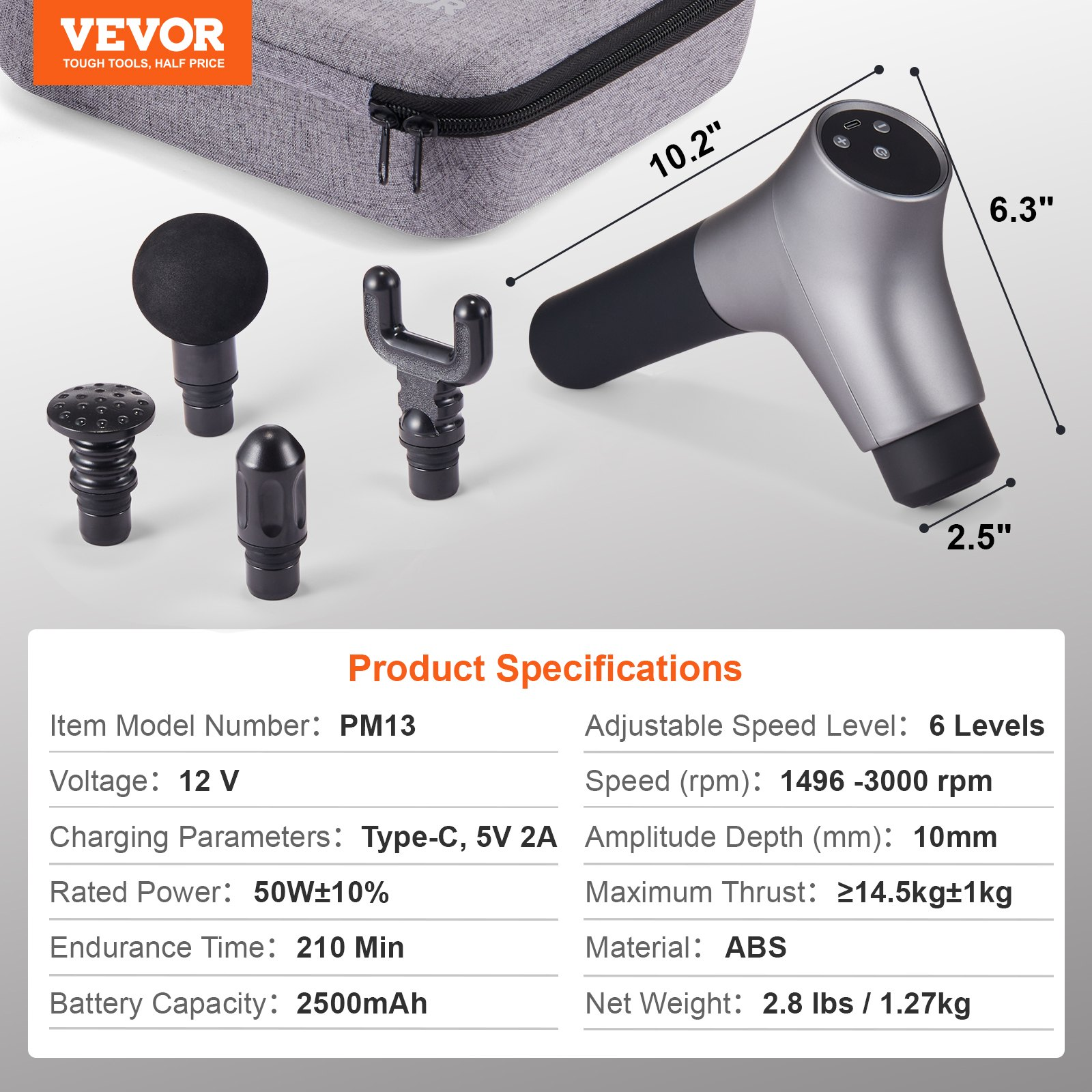 Start2Finish VEVOR massage gun with 4 heads and 6 speed levels for deep tissue muscle relief and relaxation in a handheld design.