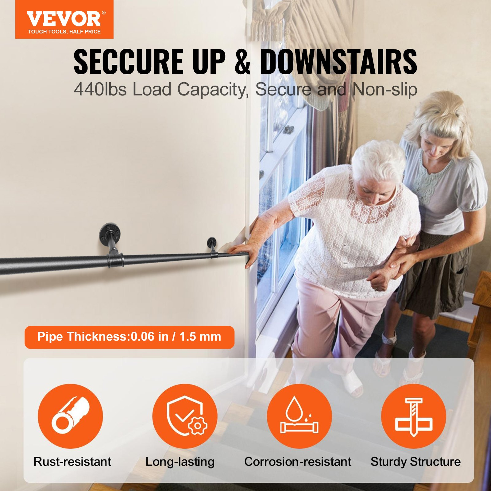 Start2Finish VEVOR 10FT industrial pipe stair handrail with wall mounts, carbon steel, round corners, suitable for indoor and outdoor use