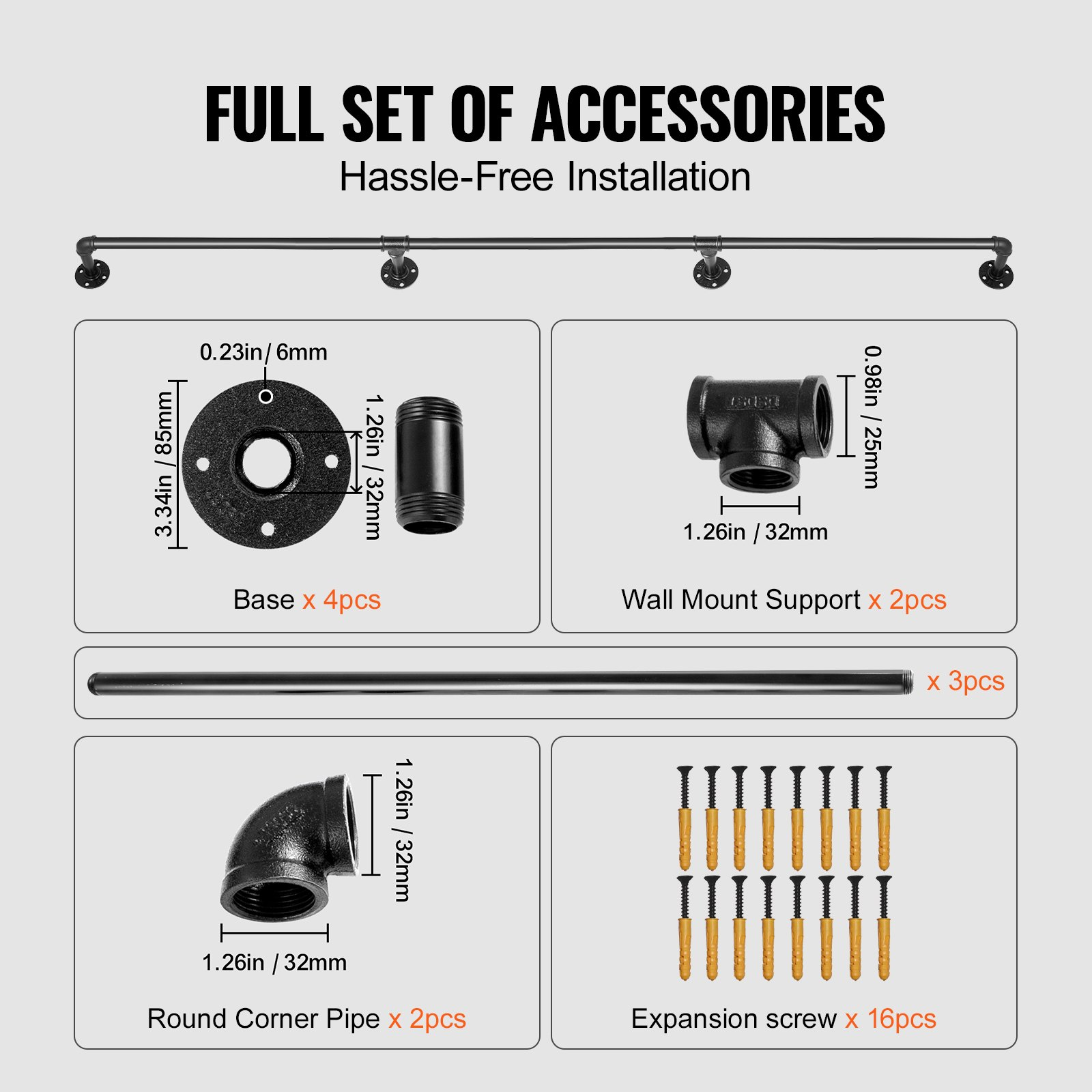 Start2Finish VEVOR 10FT industrial pipe stair handrail with wall mounts, round corners, carbon steel, indoor and outdoor use