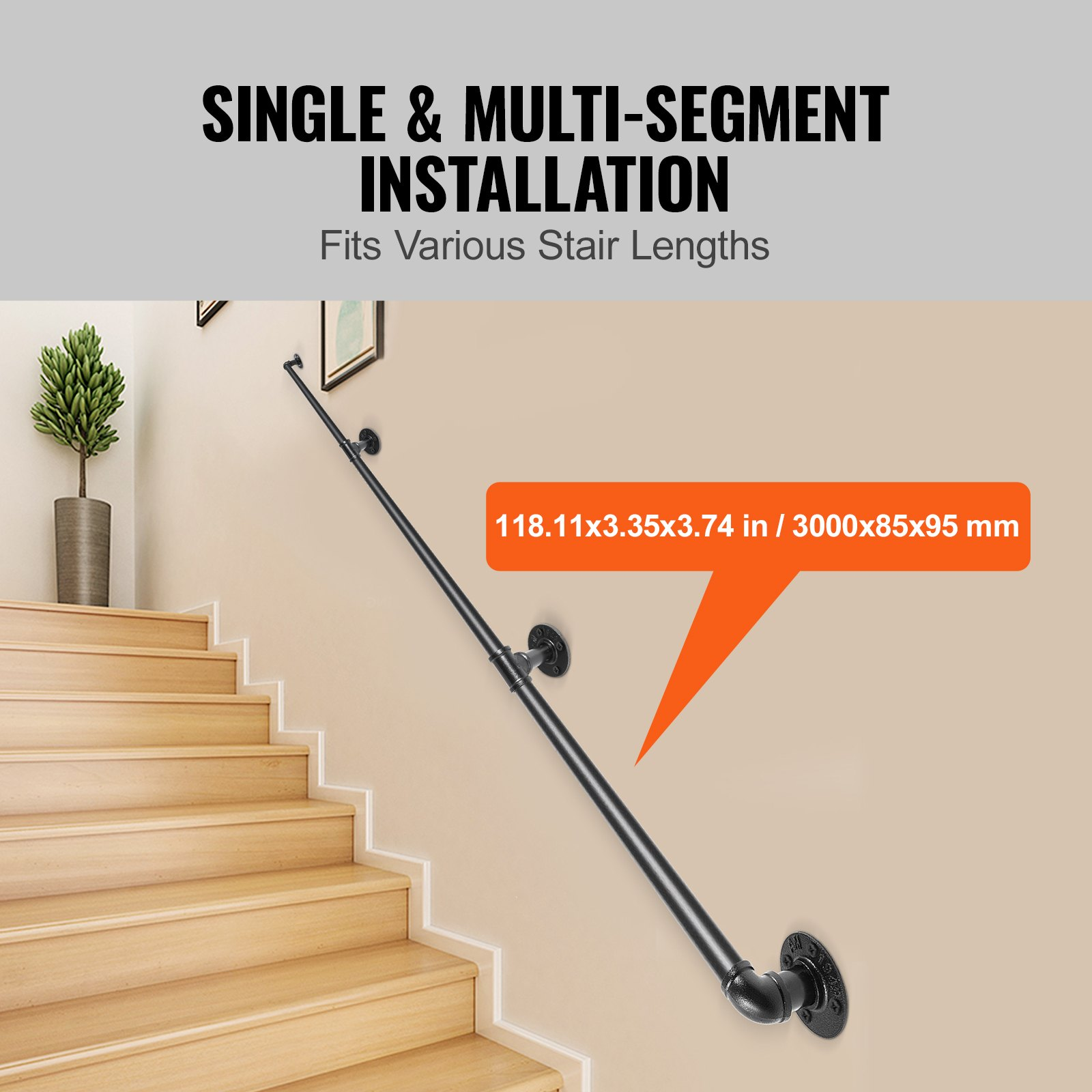 Start2Finish VEVOR 10FT industrial pipe staircase handrail with wall mounts, round corners, carbon steel finish, suitable for indoor outdoor use