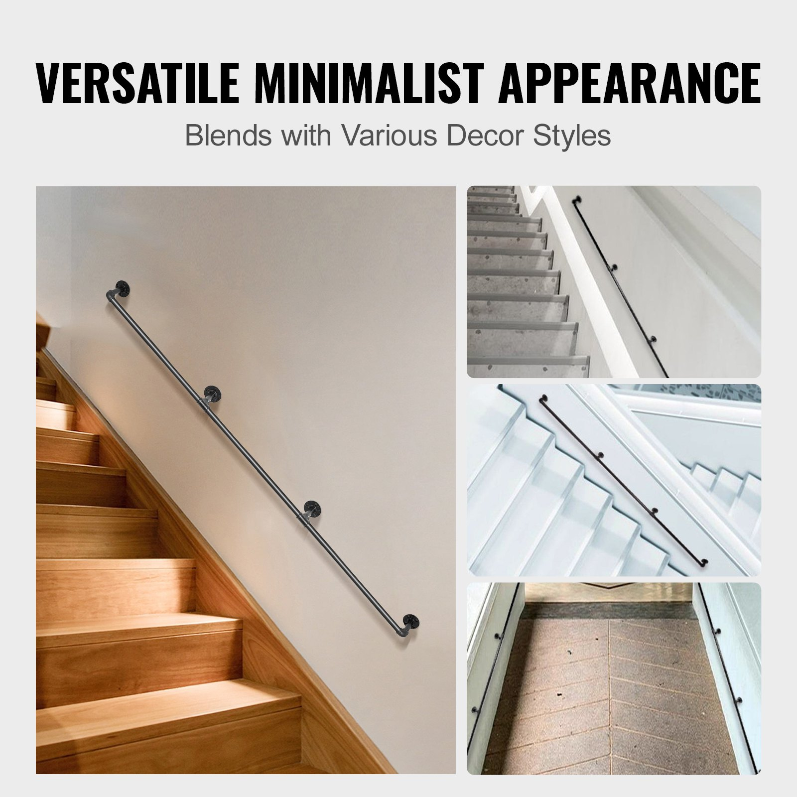 Start2Finish VEVOR 10FT industrial pipe stair handrail with wall mounts, round corners, carbon steel, indoor and outdoor use