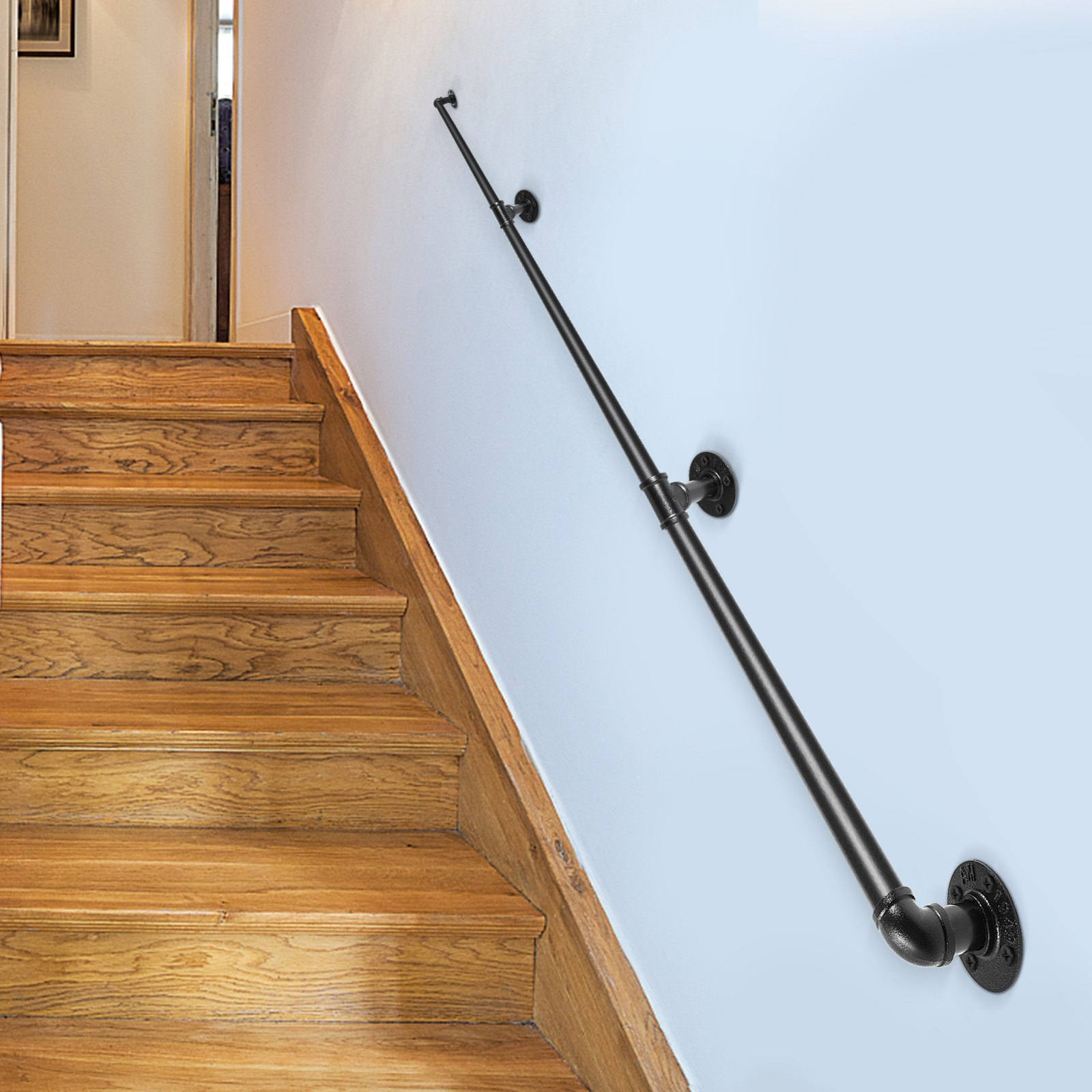 Start2Finish VEVOR 10FT industrial pipe staircase handrail with wall mount support, round corner design, indoor and outdoor use