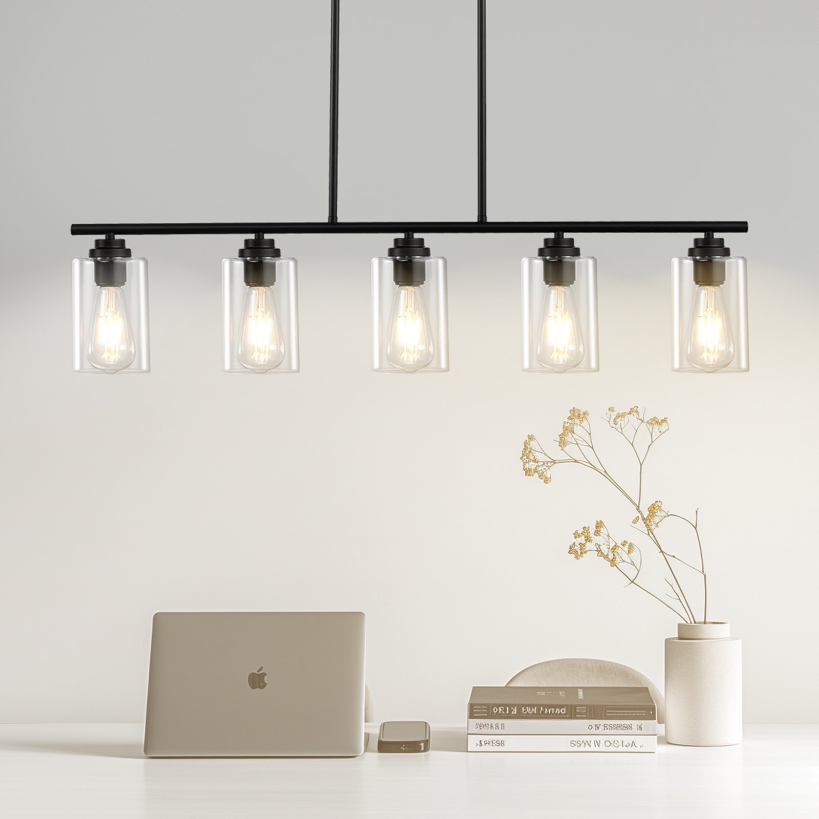 Start2Finish VEVOR 5-light kitchen island pendant lights with clear glass shades, adjustable rods, metal frame, farmhouse style.