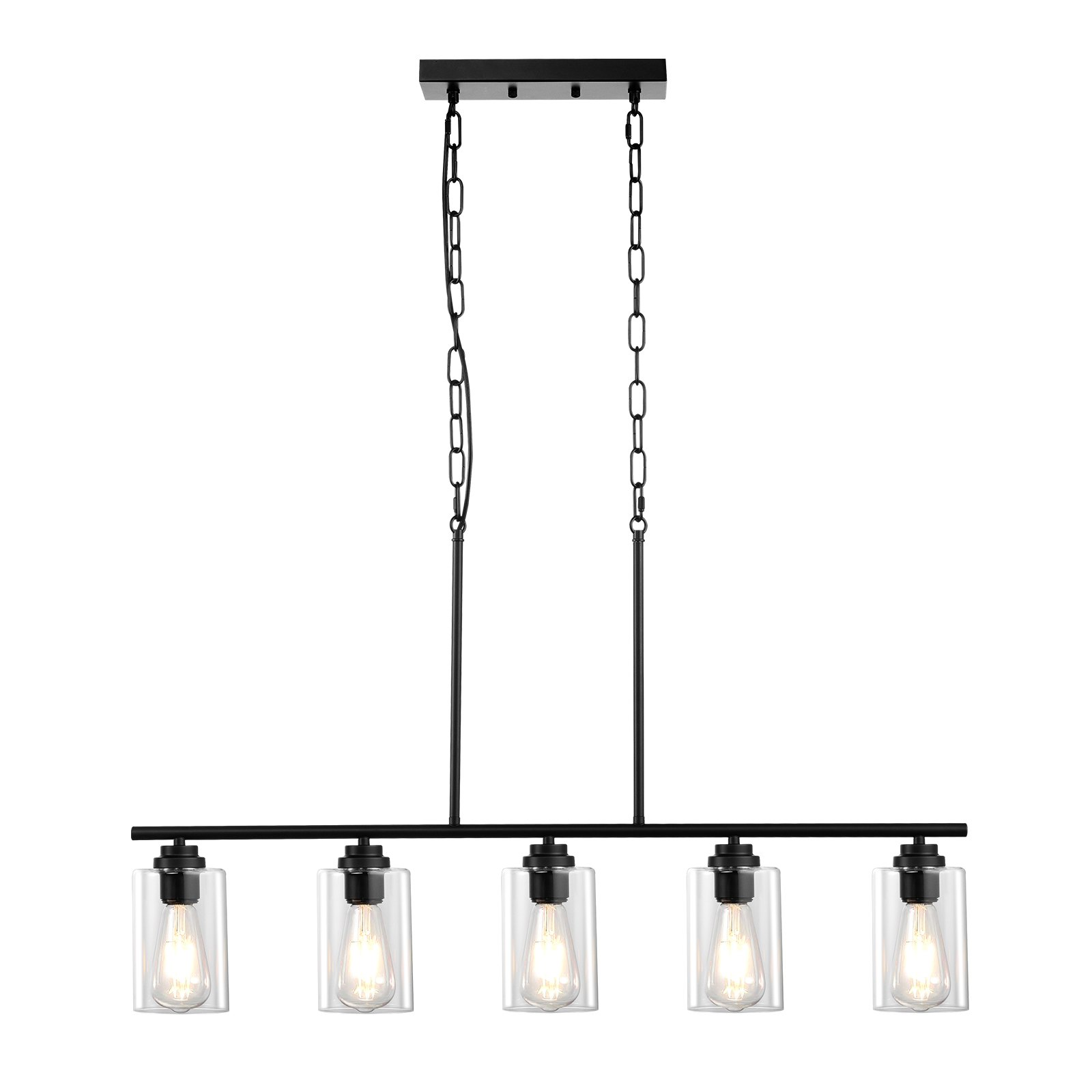 Vevor 5-light kitchen island pendant lights with clear glass shades, metal frame, adjustable rods, and chains for farmhouse dining rooms.