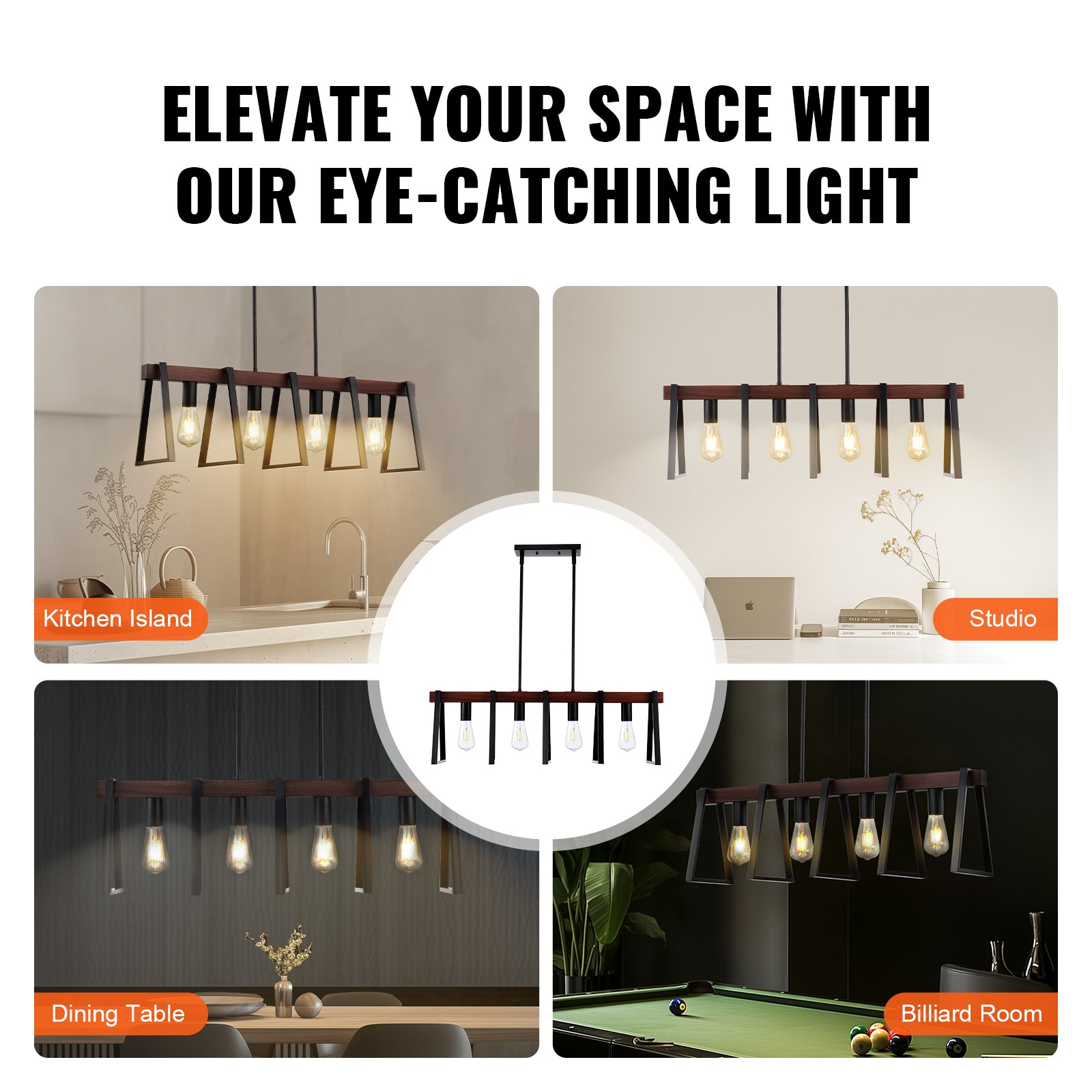 Start2Finish VEVOR 4-light kitchen island pendant lights with adjustable rods, industrial metal farmhouse chandelier for dining rooms.