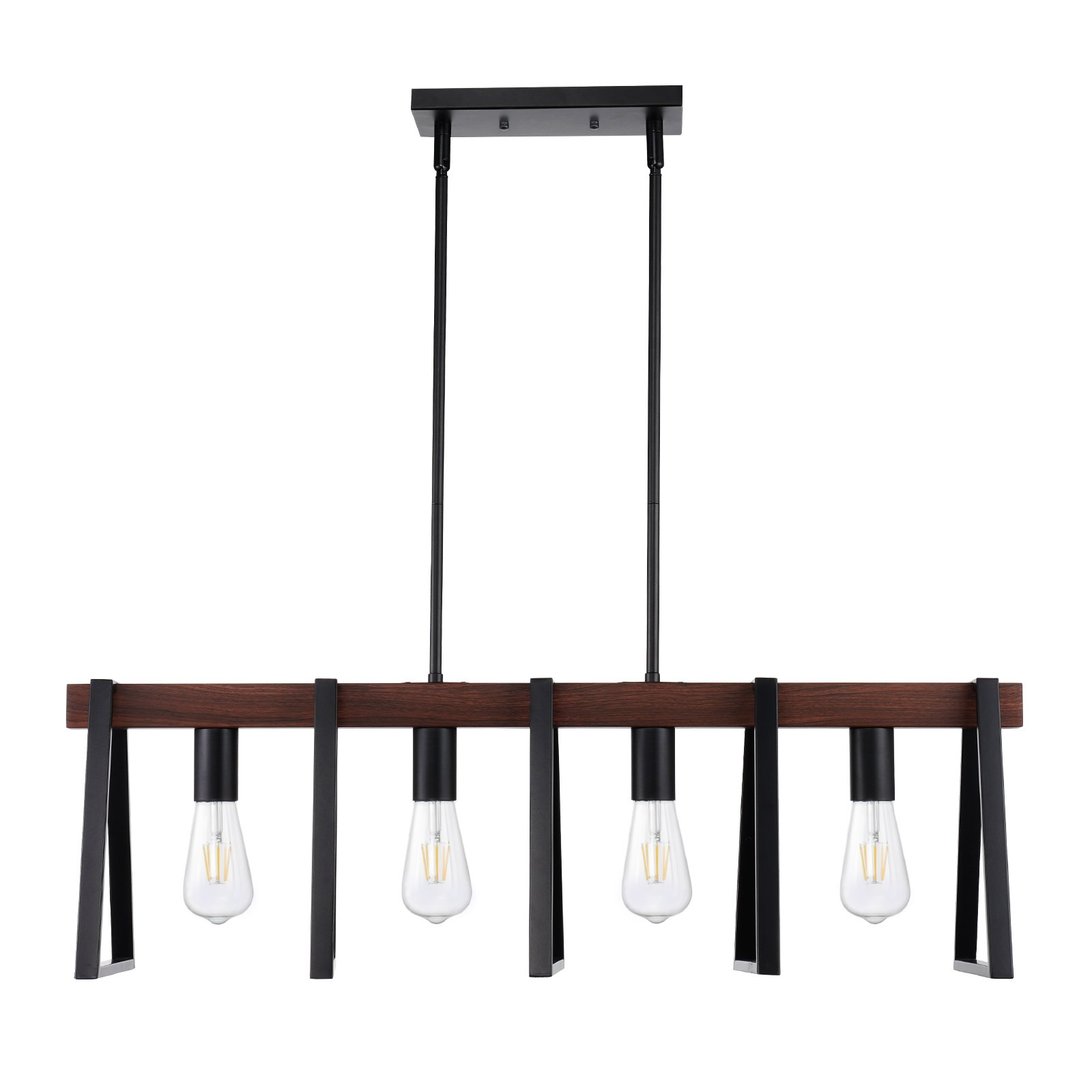 Start2Finish VEVOR 4-light kitchen island pendant lights with adjustable rods, industrial metal frame, farmhouse style, E26 fixtures.