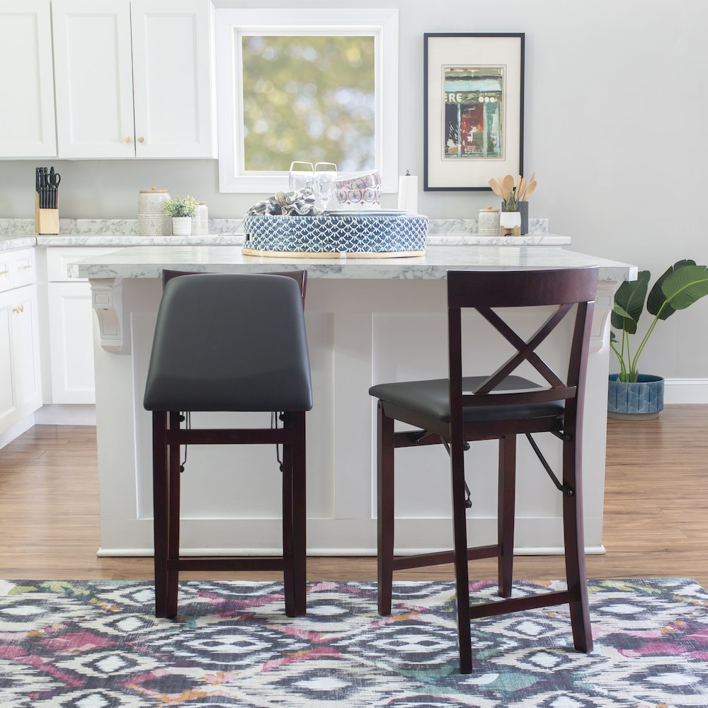 Start2Finish Triena 24-inch back folding counter stool with X-shaped backrest, wooden seat, and metal frame.