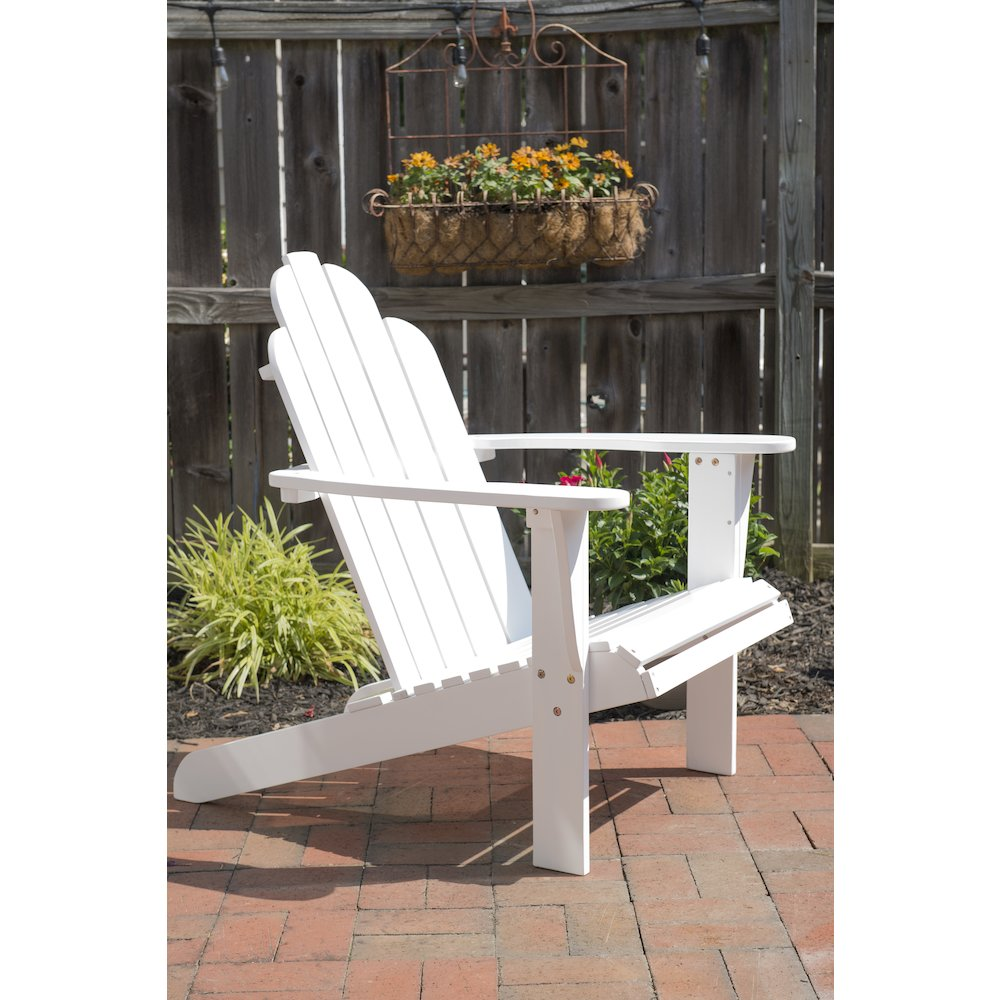 White Adirondack Chair by Start2Finish, outdoor wooden lounge chair with wide armrests and slatted back for relaxing outdoors.