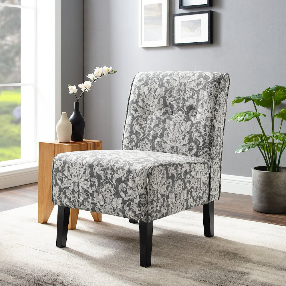 Gray damask Coco Accent Chair by Start2Finish featuring a stylish upholstered armchair with patterned fabric and wooden legs.