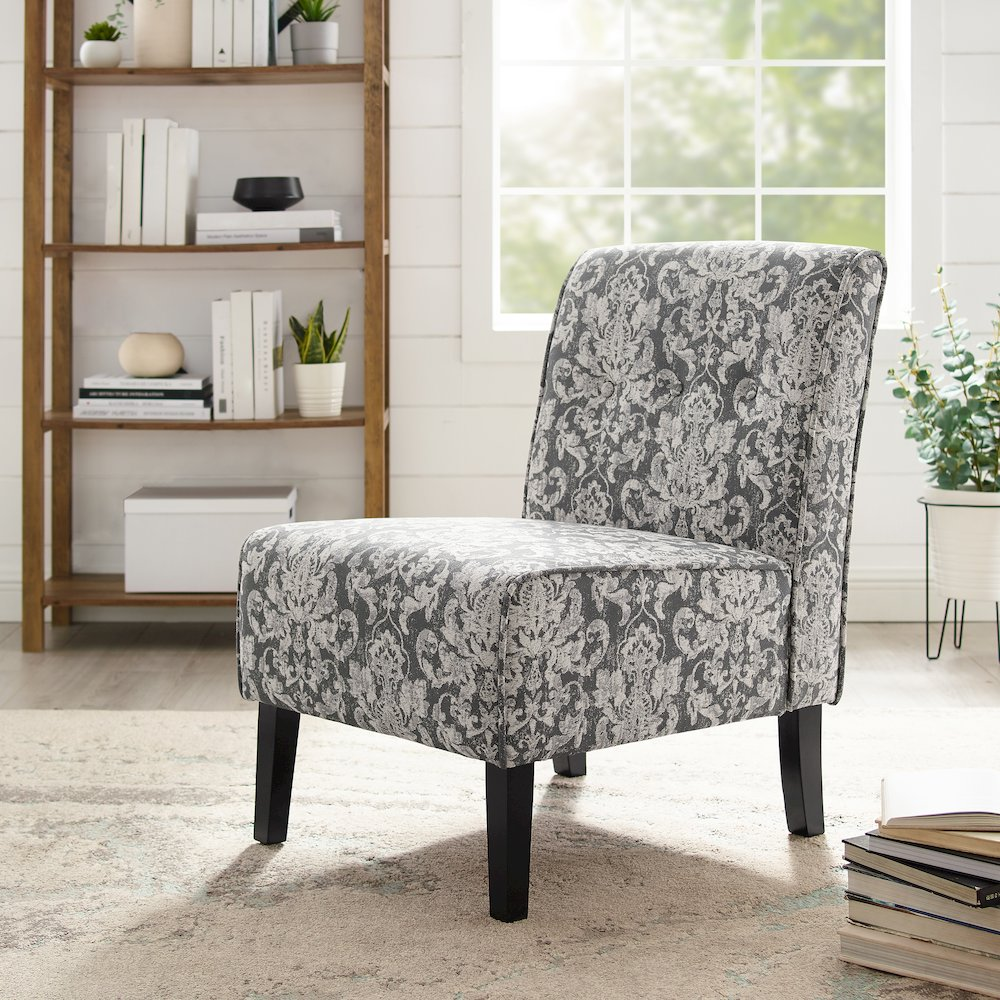 Gray damask Coco Accent Chair by Start2Finish featuring plush upholstery and elegant curved arms.