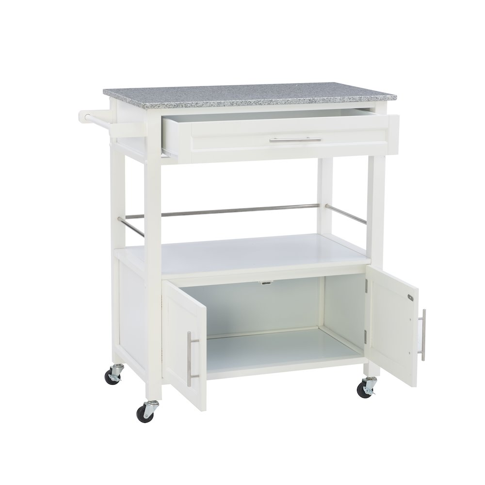 Start2Finish Cameron White Kitchen Cart with granite top, featuring storage shelves and wheels for easy mobility.