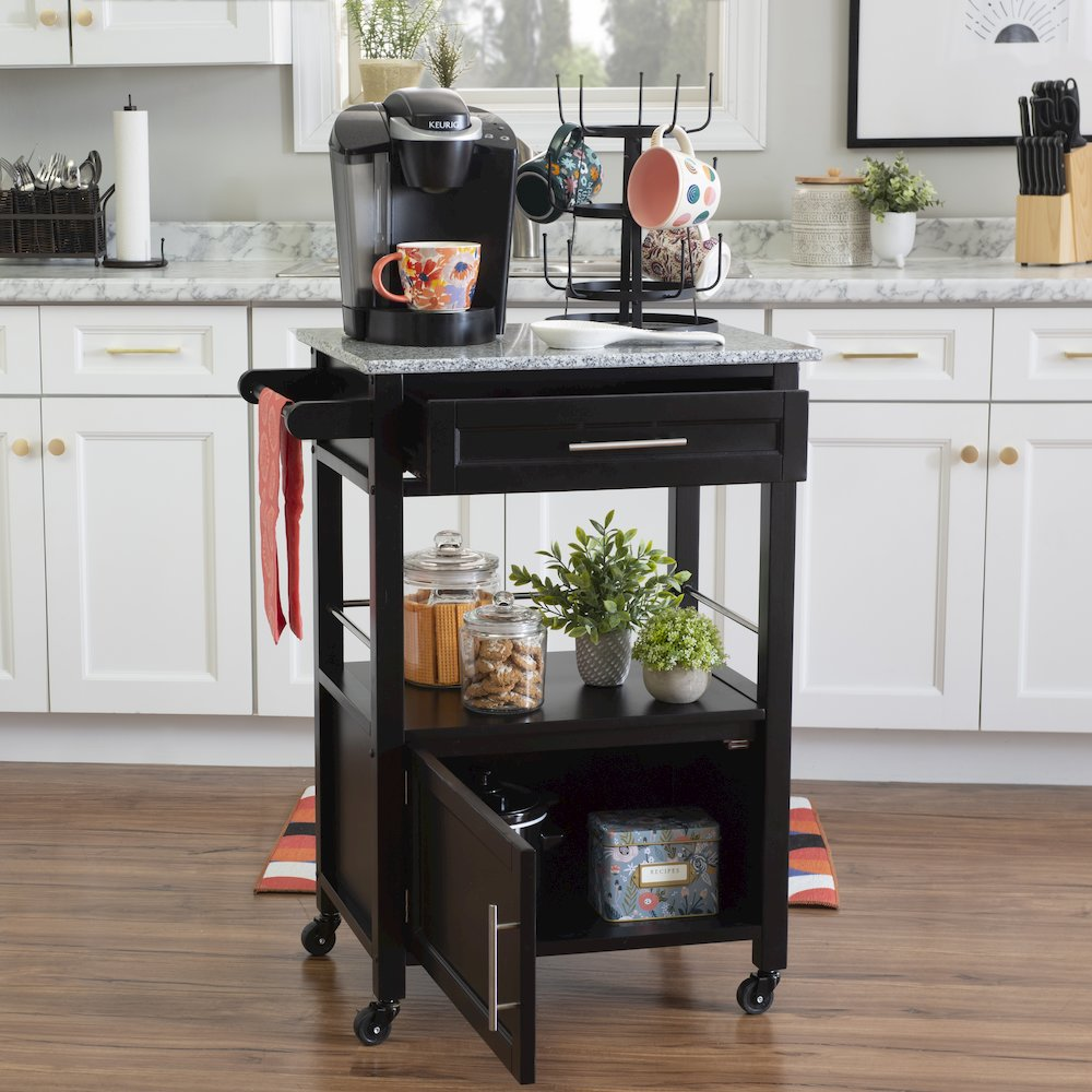 Start2Finish Mitchell Black kitchen cart with durable granite top, ample storage, and modern design for versatile kitchen use.