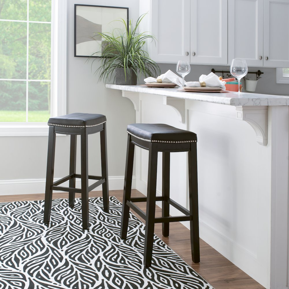 Start2Finish Claridge Black Barstool with padded seat and metal frame, shown from a side angle on a plain background.