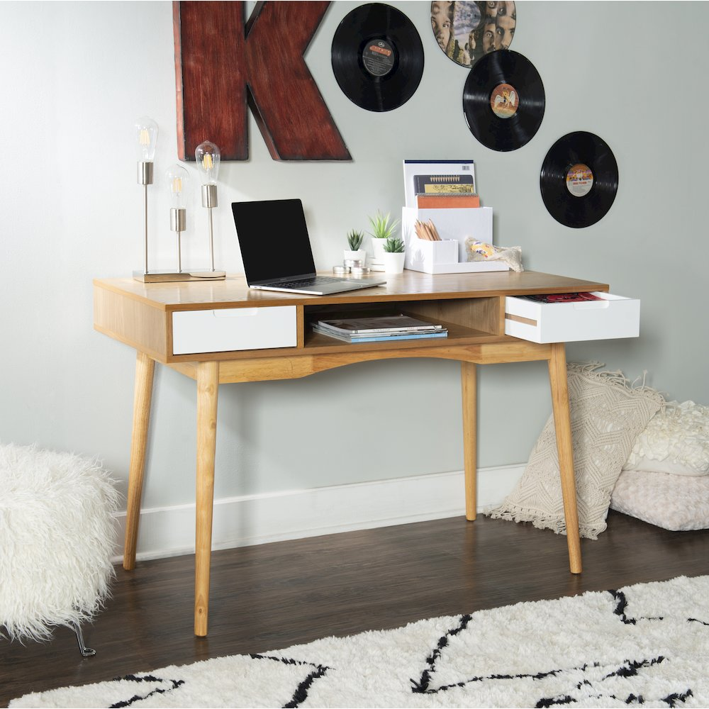 Start2Finish Perry Desk showing a modern wooden workspace with a spacious surface and sturdy metal legs.
