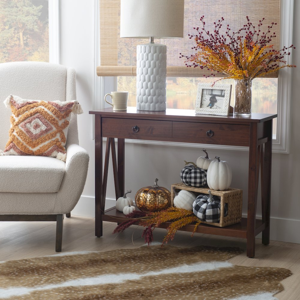 Start2Finish Titian Console Table in antique finish, showcasing a sleek wooden surface and elegant design.