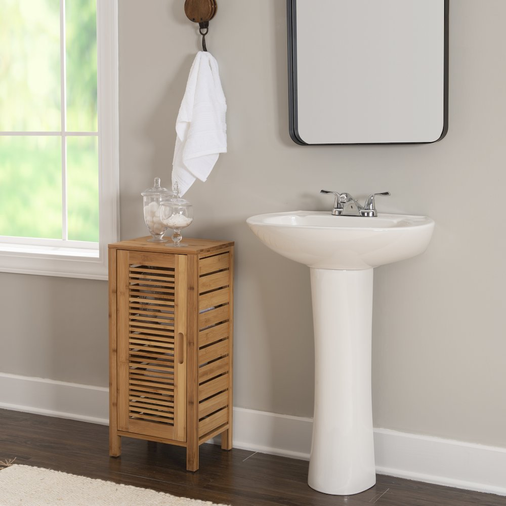 Start2Finish Bracken One Door Floor Cabinet in wood finish, featuring a sleek door and sturdy base for versatile storage.