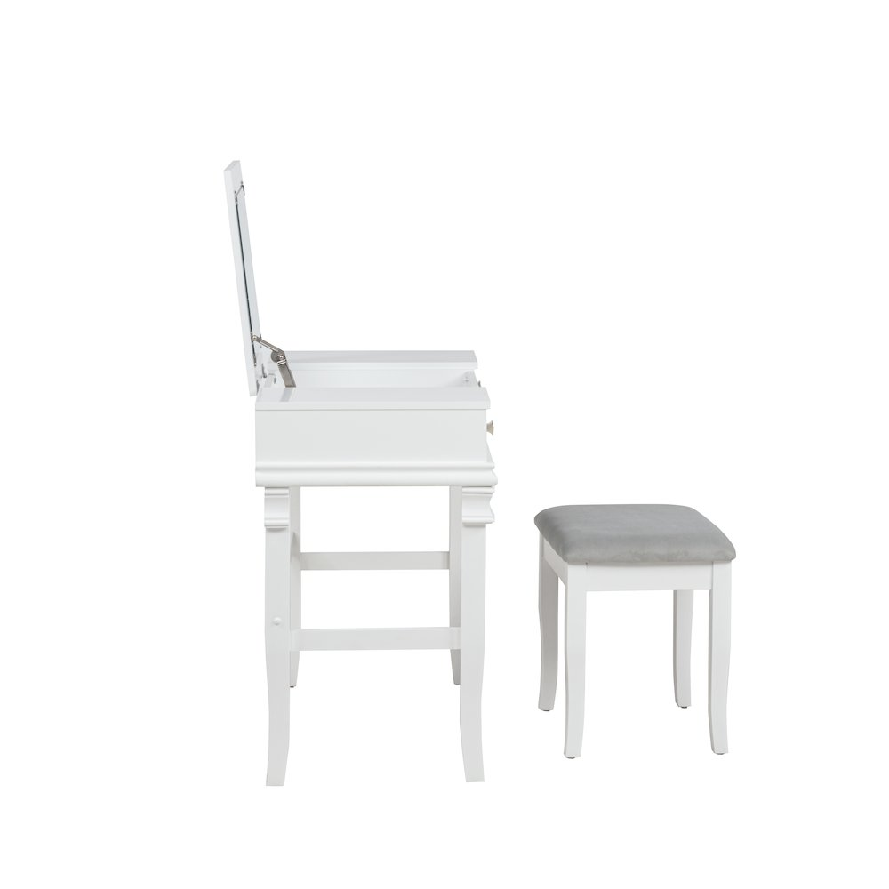 Start2Finish Angela White Vanity Set featuring a modern wooden furniture piece with a mirror and storage drawers.