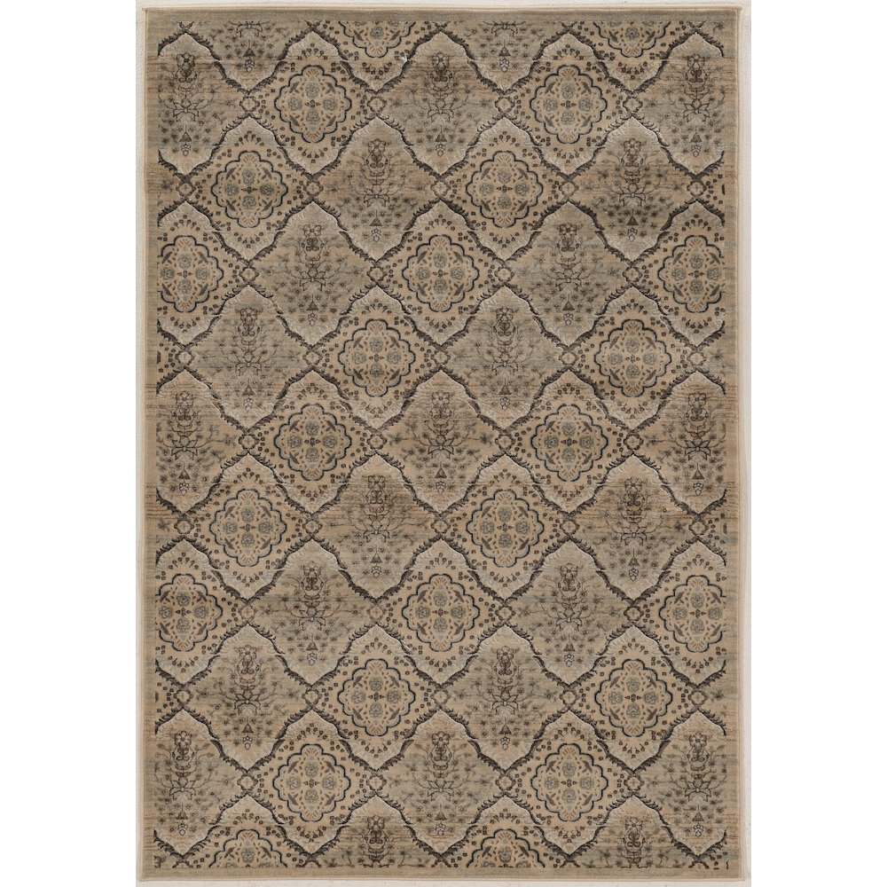 Start2Finish Jewel Trellis beige and blue 8x10.3 rug featuring intricate geometric patterns on soft woven fabric.