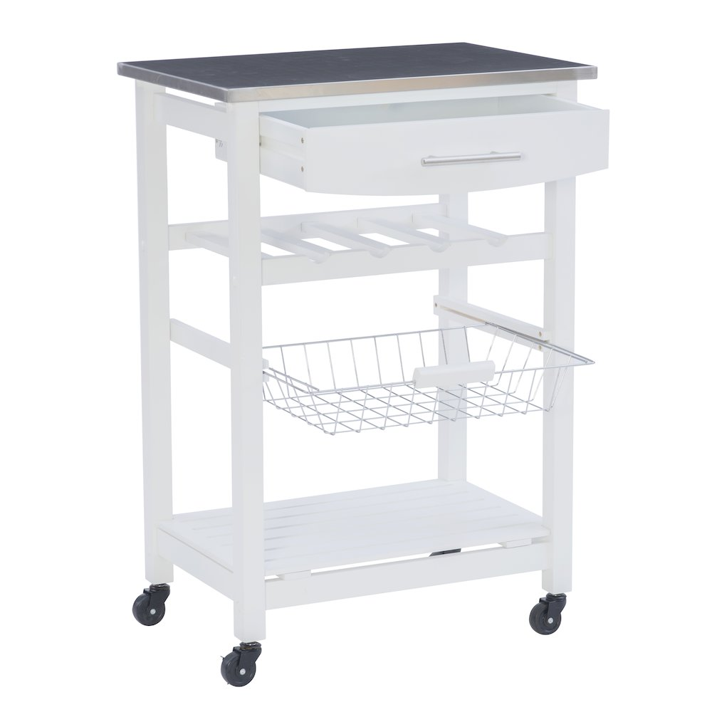 Clarke White Kitchen Cart by Start2Finish with wooden shelves, metal frame, and wheels for mobile storage and organization.