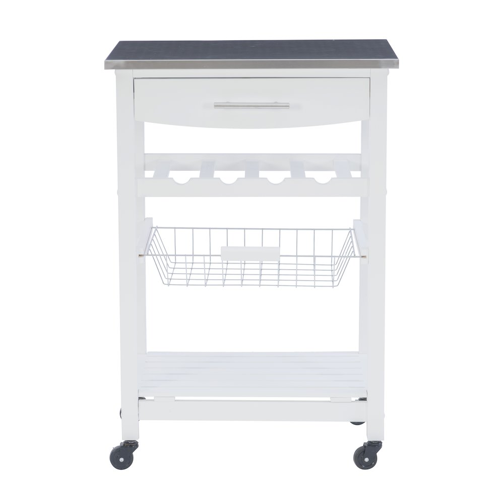 Start2Finish Clarke white kitchen cart with storage shelves and wheels, ideal for kitchen organization and mobility.