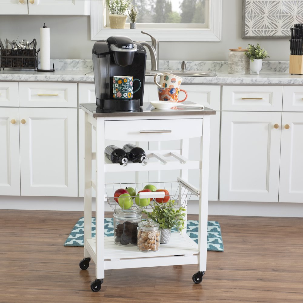 Clarke white kitchen cart by Start2Finish with wooden shelves and metal frame, featuring wheels for easy mobility.
