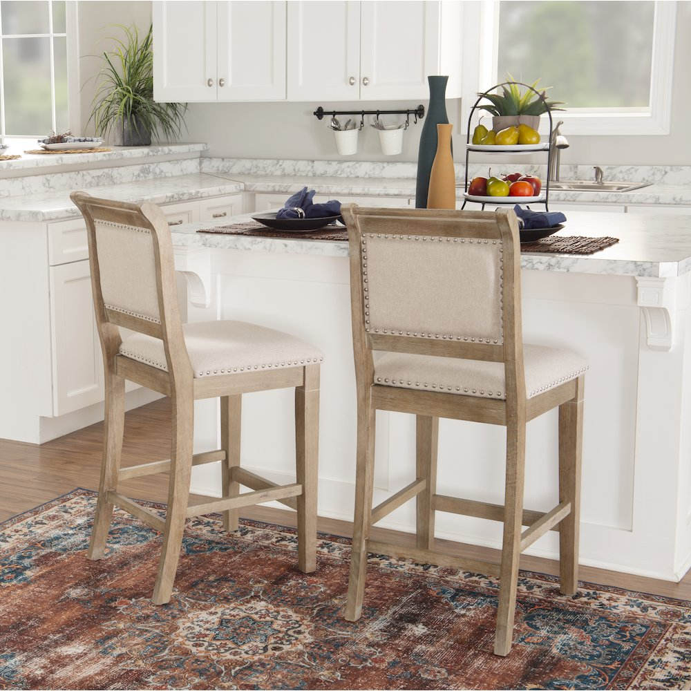 Start2Finish Emmy 26-inch natural wood counter stool with round seat and four legs, ideal for kitchen or bar area.