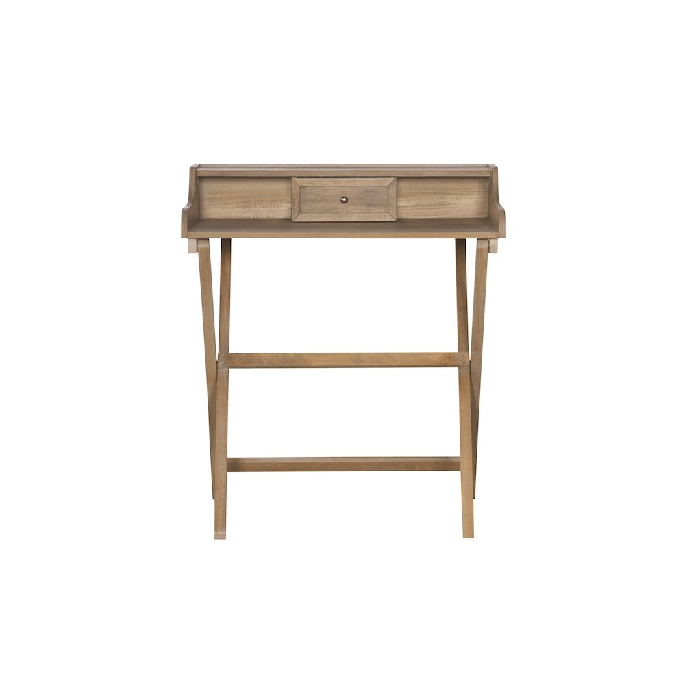 Rustic brown Coy folding desk from Start2Finish, showing a compact wooden furniture piece with a foldable design and sturdy legs.