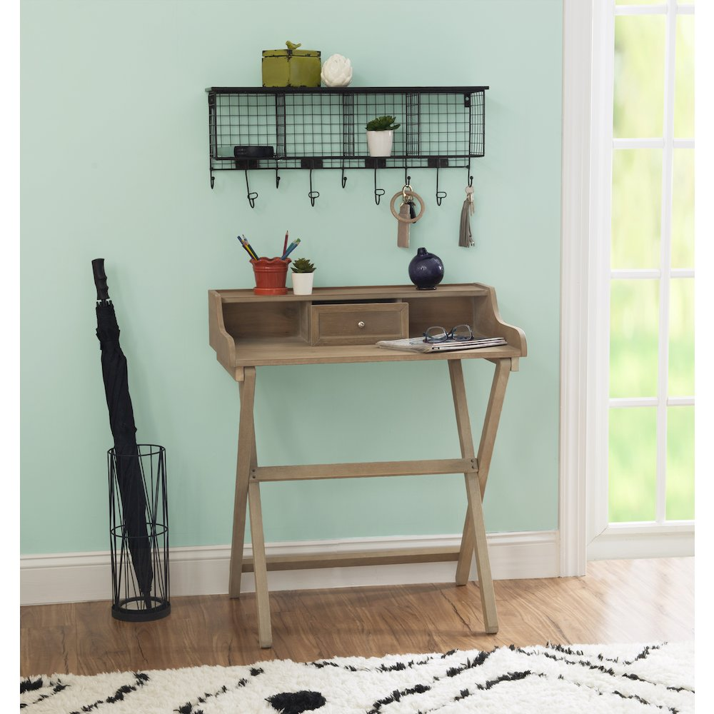 Rustic brown folding desk by Start2Finish, featuring a compact wooden tabletop and foldable metal legs for easy storage and use.