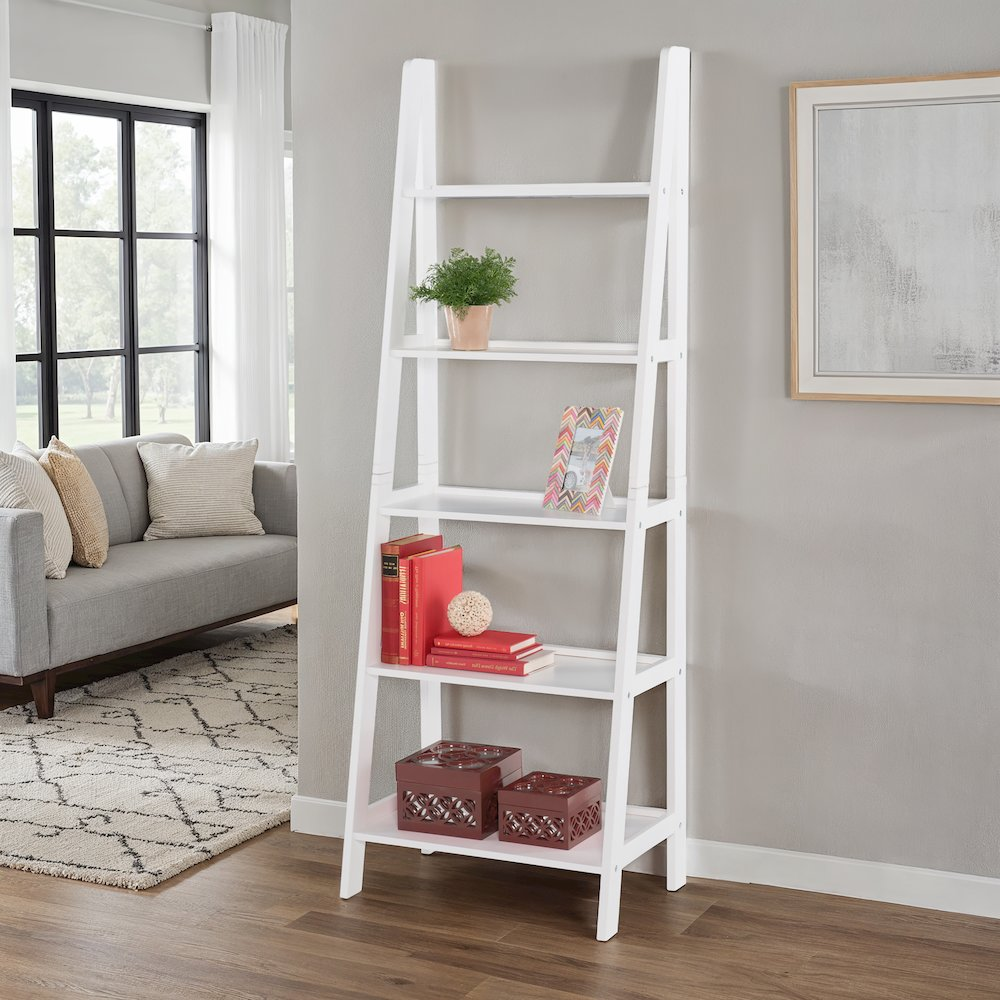 White Acadia Ladder Bookshelf by Start2Finish with multiple open shelves and a modern, angled ladder design for home storage.