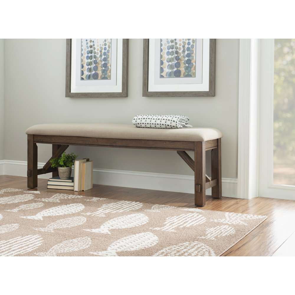 Rustic Turino Umber Bench by Start2Finish featuring distressed wood and sturdy metal legs for a vintage farmhouse look.