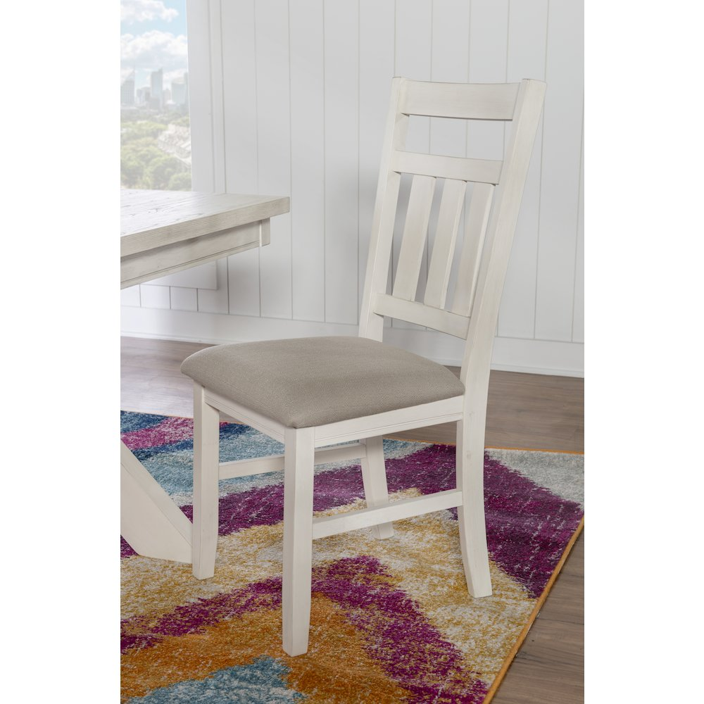 Turino distressed white side chair by Start2Finish, showcasing a vintage-inspired wooden furniture piece with a rustic finish.