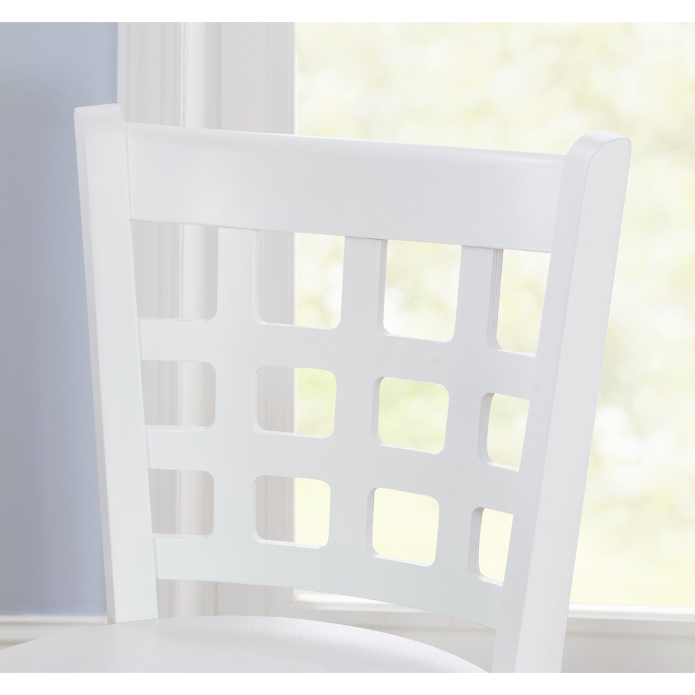 Pair of white Lola counter stools from Start2Finish, showcasing sleek design with wooden legs and cushioned seats.