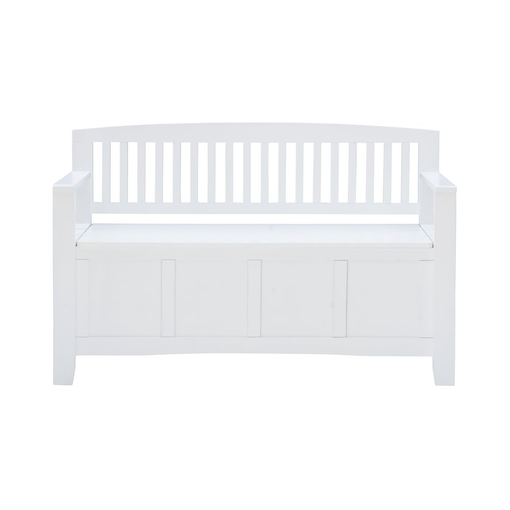 White Cynthia storage bench by Start2Finish with cushioned top and wooden legs, ideal for entryway or living room storage.