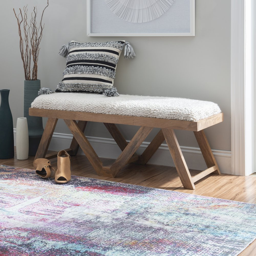 Start2Finish brown upholstered bench with padded seat and wooden legs, ideal for entryways or living room decor.