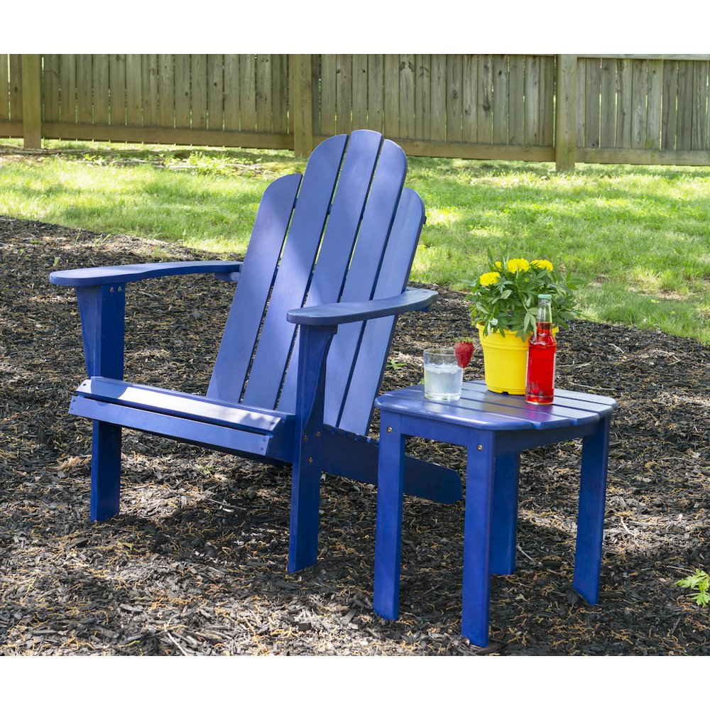 Blue Adirondack chair from Start2Finish furniture set, showing a wooden outdoor chair with wide armrests and slatted back design.