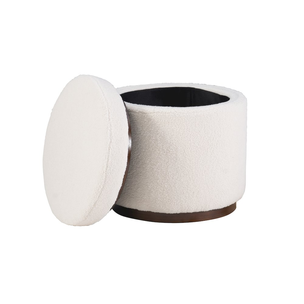 Natural walnut Blanche storage ottoman by Start2Finish with a cushioned top and spacious interior for storage.